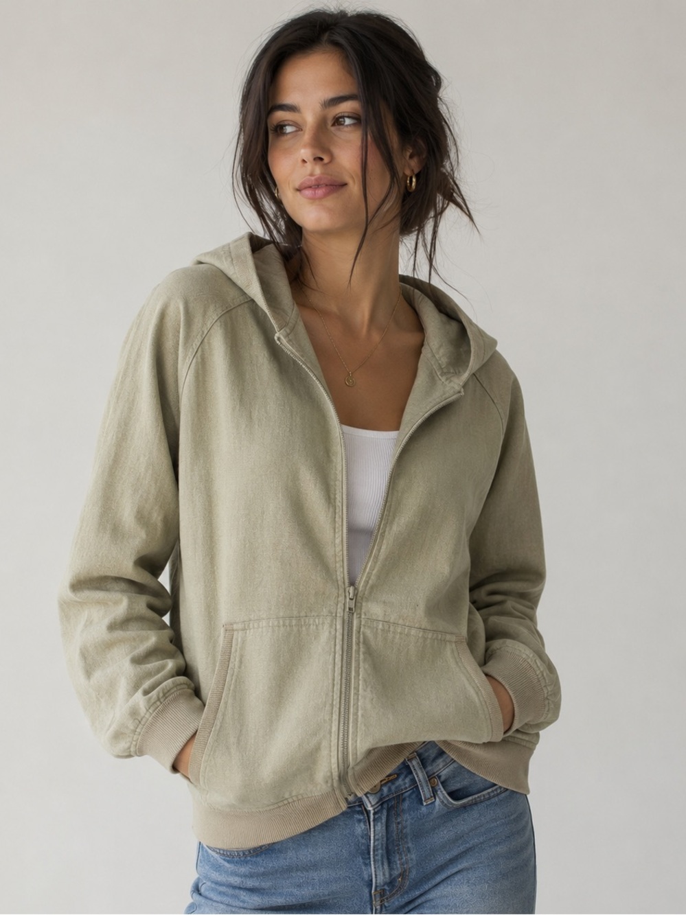 Frantic Jeans Vintage Linen Blend Full Zip Hooded Jacket Sage Green Size Medium